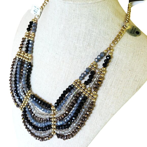 Multi-Strand Gold-Tone Beaded Statement Necklace w/Black Grey & Brown Crystals - Picture 6 of 7